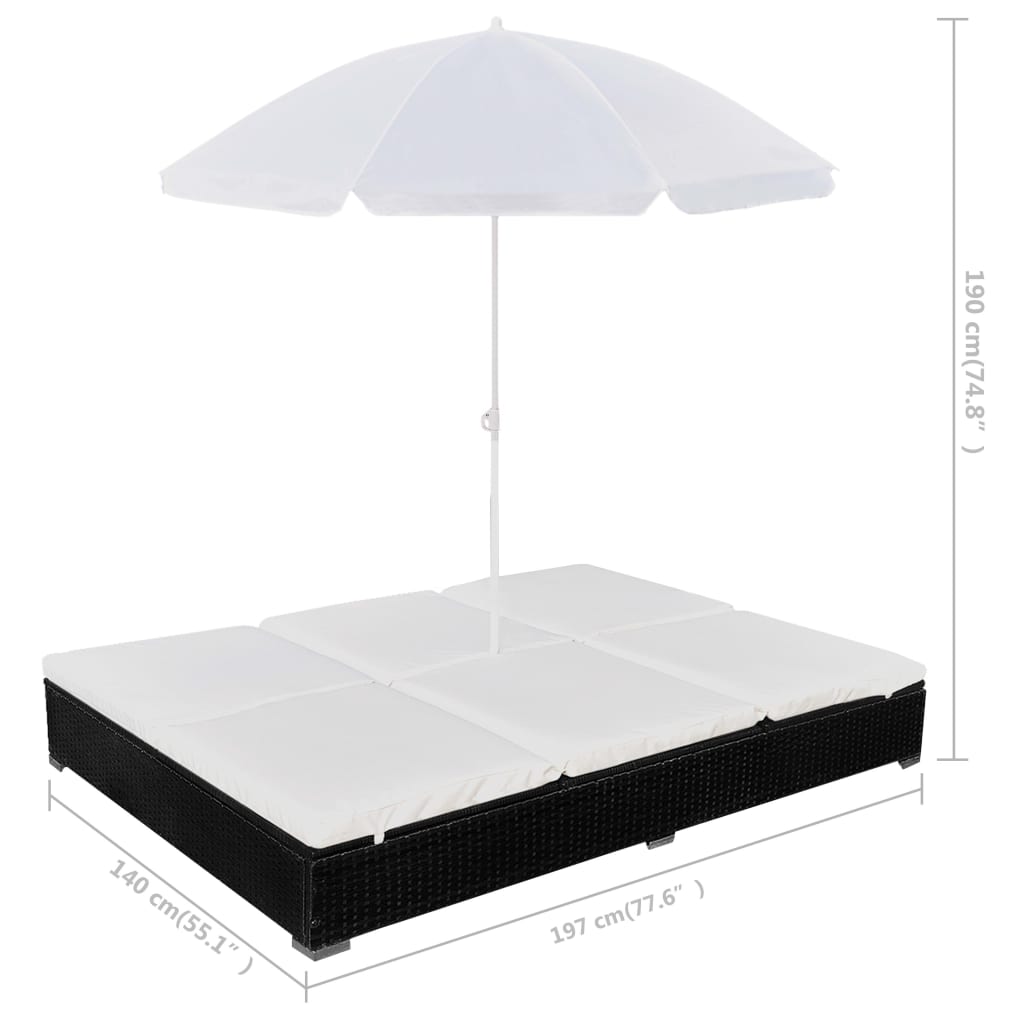 Patio Lounge Bed with Umbrella Poly Rattan Black
