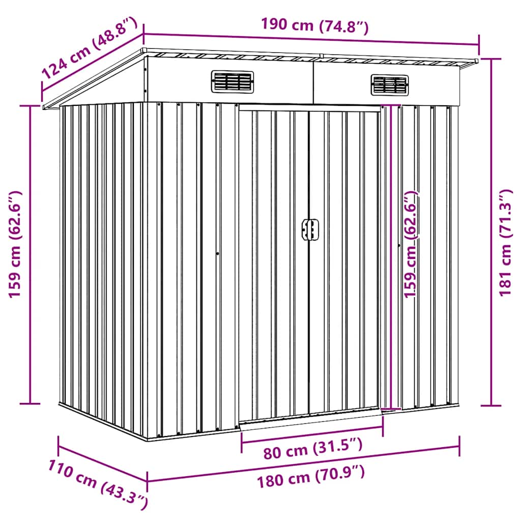 Garden Shed | Grey | Galvanised steel | 190x124x181 cm | Garden Shed