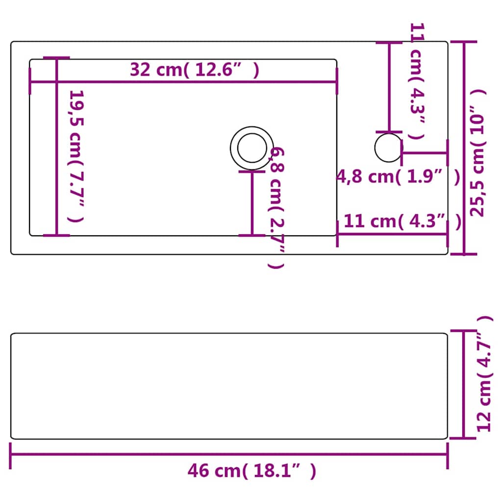Basin with Faucet Hole Rectangular Ceramic White 46x25.5x12 cm