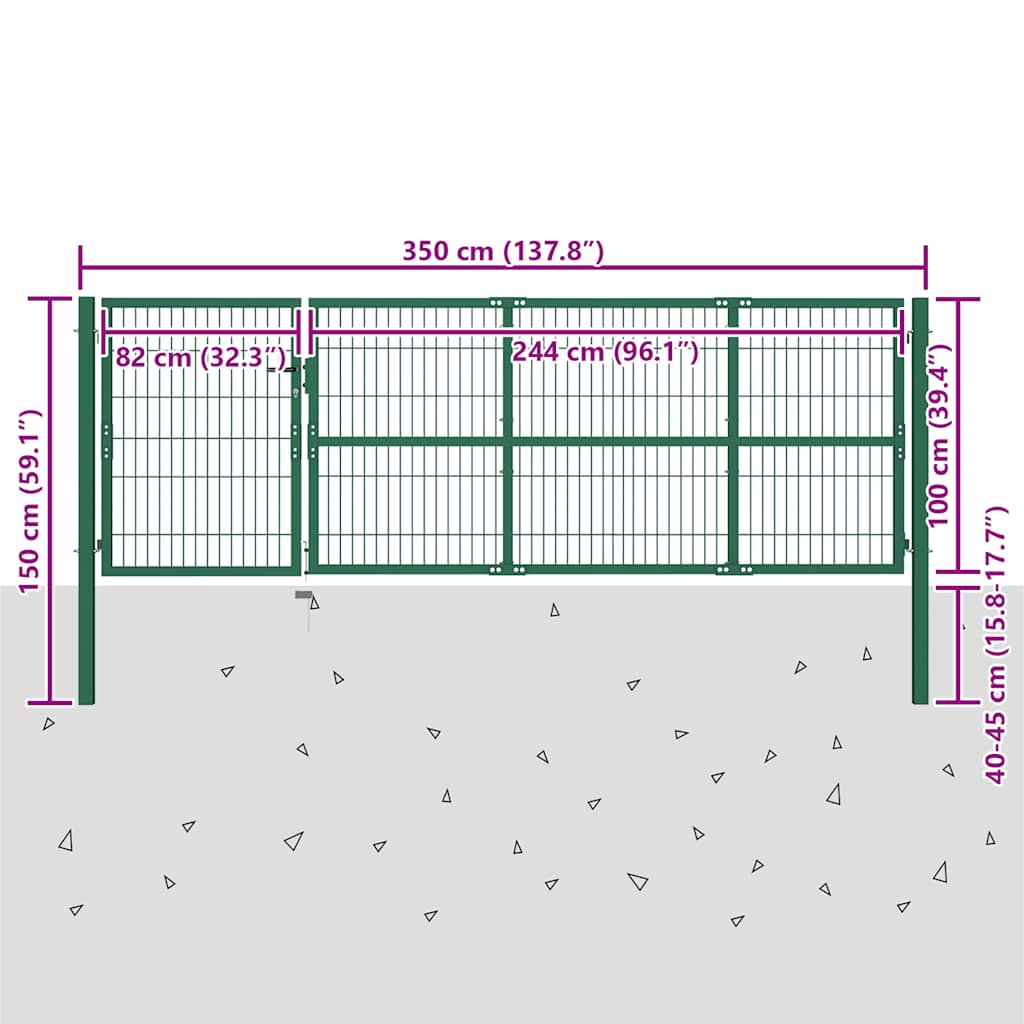 Garden Fence Gate with Posts 350x100 cm Steel Green