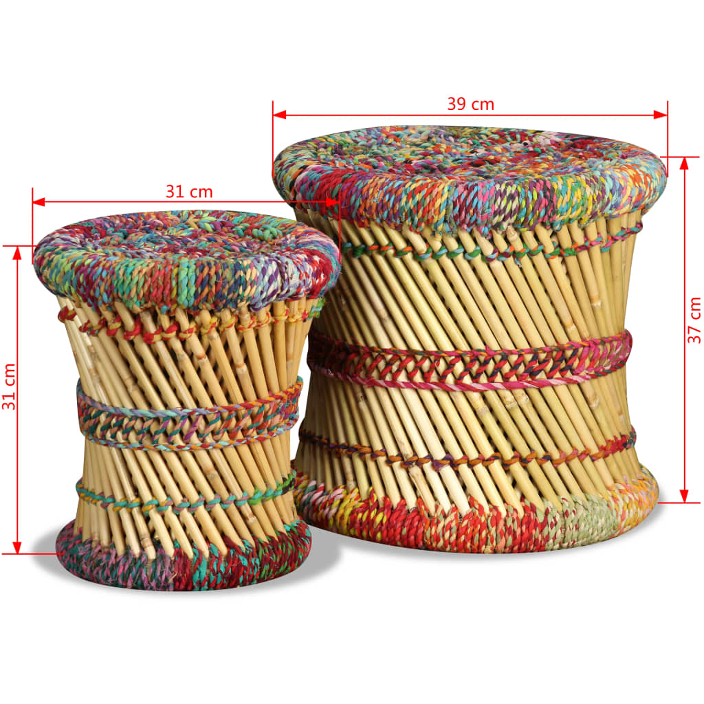 Stool | Set of 2 | Multicolour | Bamboo and Chindi with Iron Frame