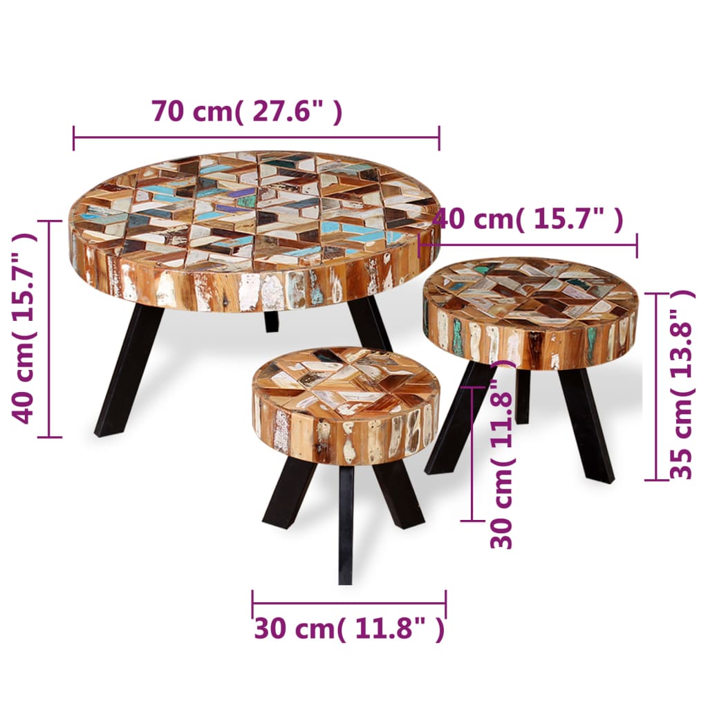 vidaXL Coffee Table Set of 3 Multicolor Solid reclaimed wood