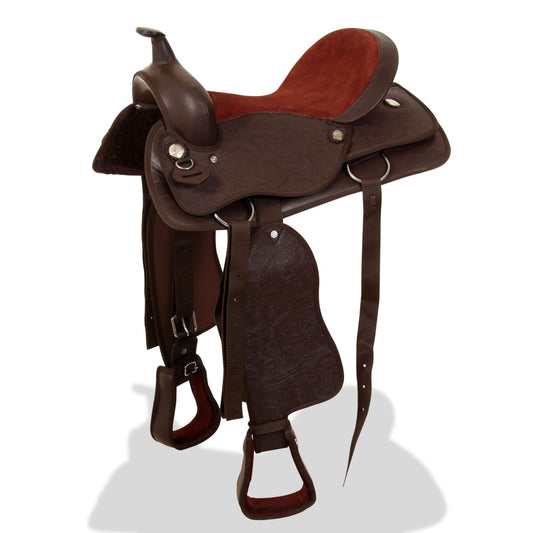 91348 vidaXL Western Saddle, Headstall&Breast Collar Real Leather 16" Brown