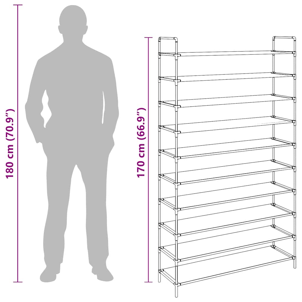 Shoe Rack with 10 Shelves Metal and Non-woven Fabric Silver