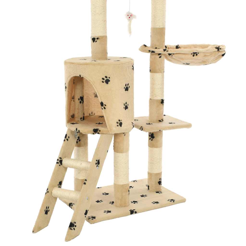 Cat Tree | Beige with paw prints | Particle board, Sisal rope, Soft plush