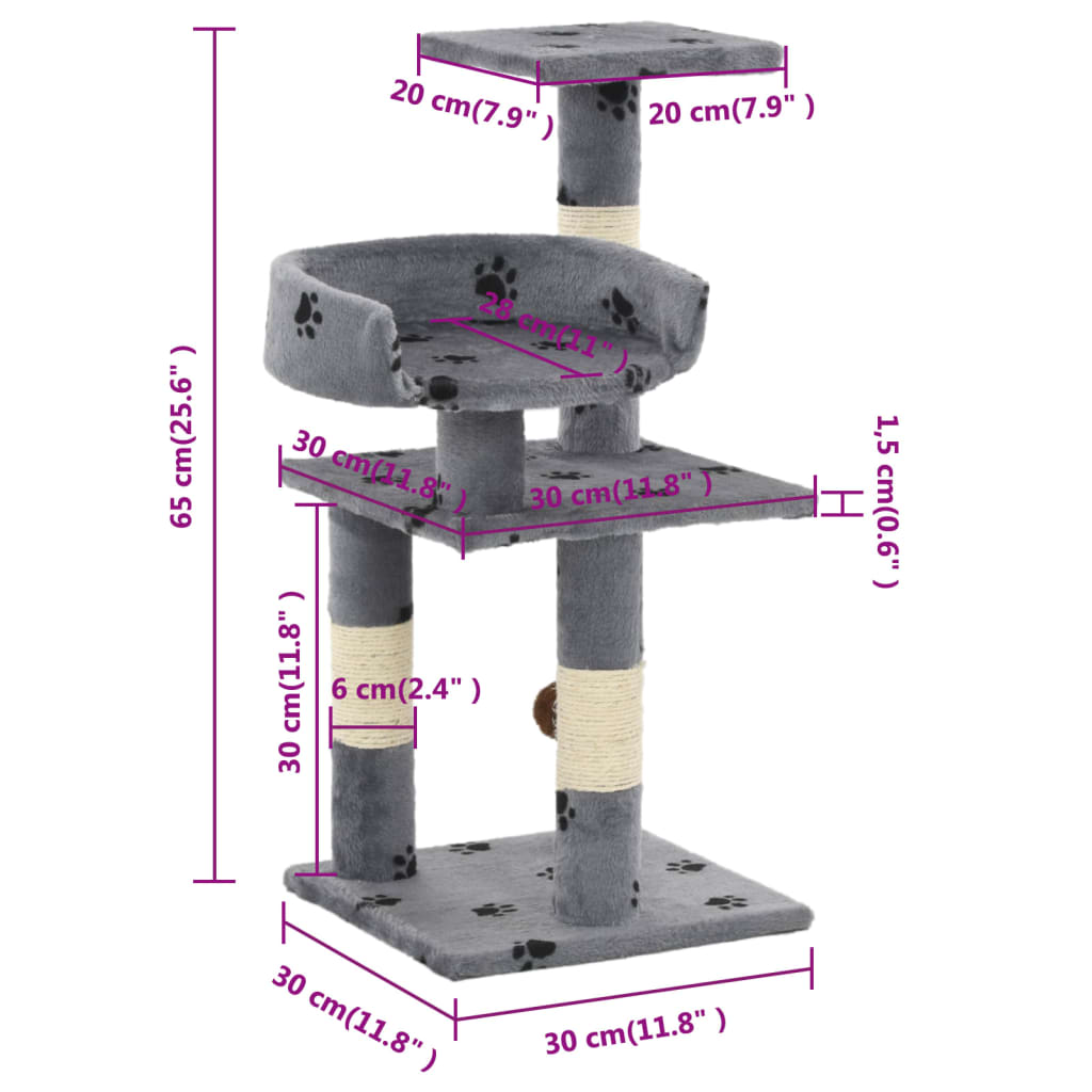 Cat Tree | Grey with paw prints | Particle board, plush, sisal rope