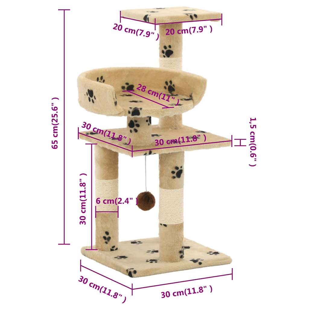 Cat Tree | Beige with paw prints | Particle board, soft plush, sisal rope