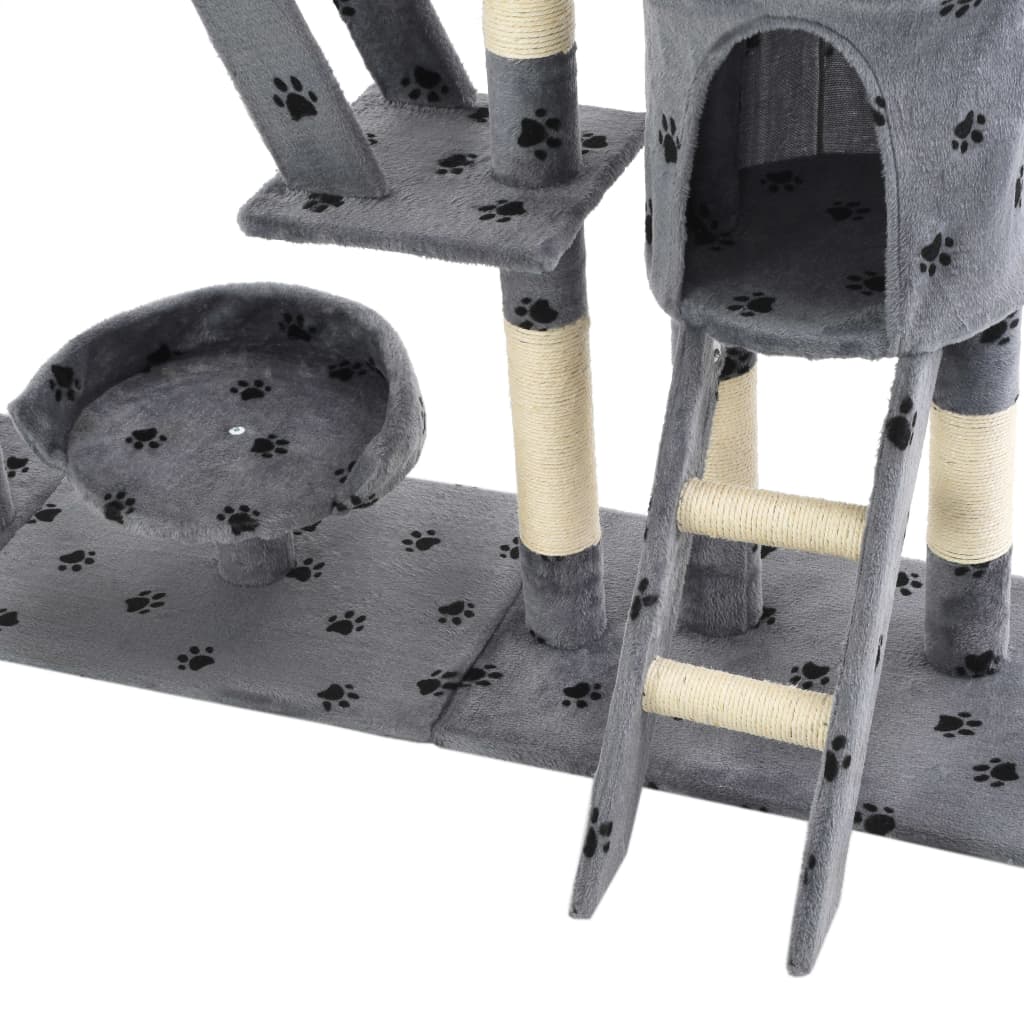 Cat Tree | Grey with paw prints | Plush, Particle board, Sisal rope