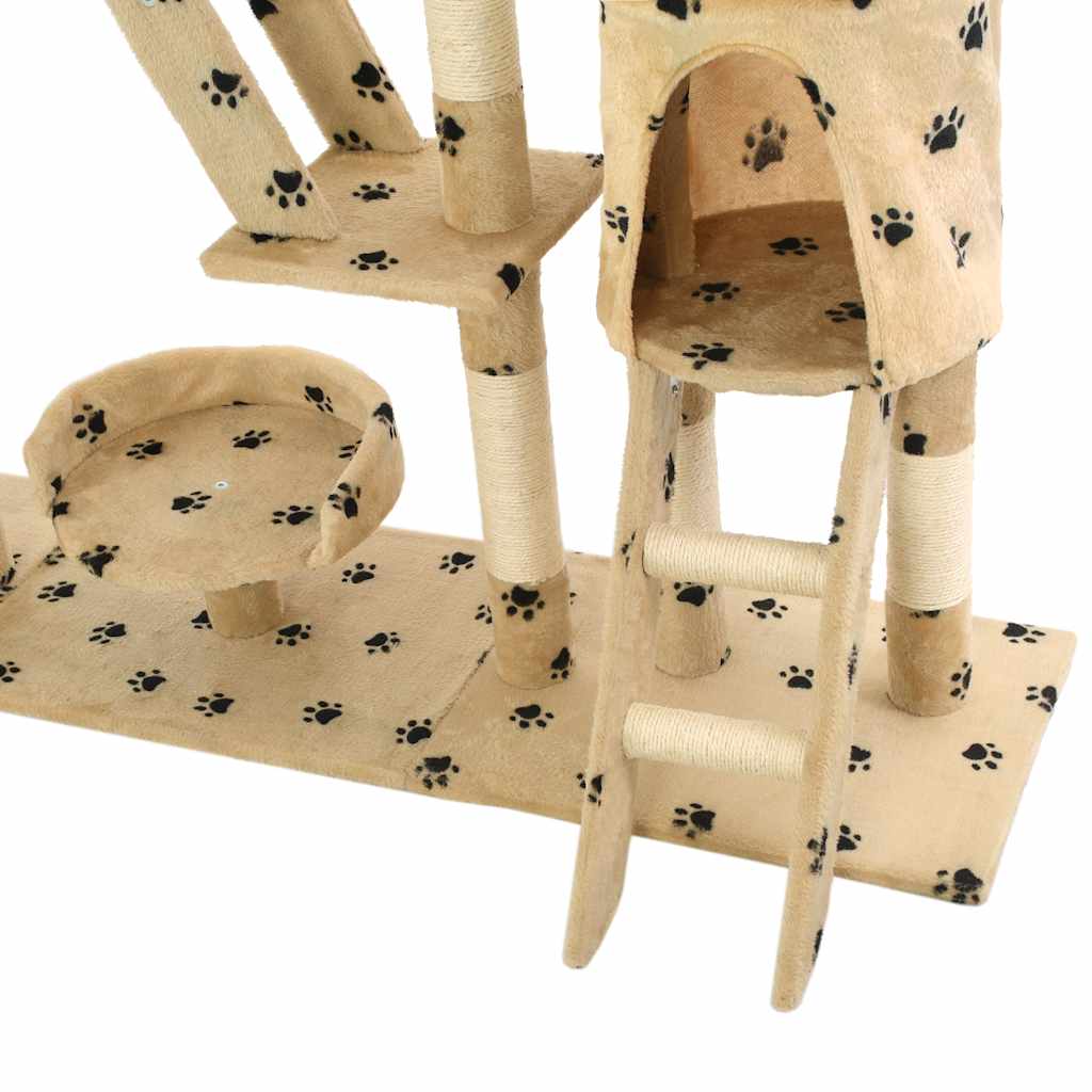 Cat Tree | Beige with paw prints | Particle board, Plush, Sisal