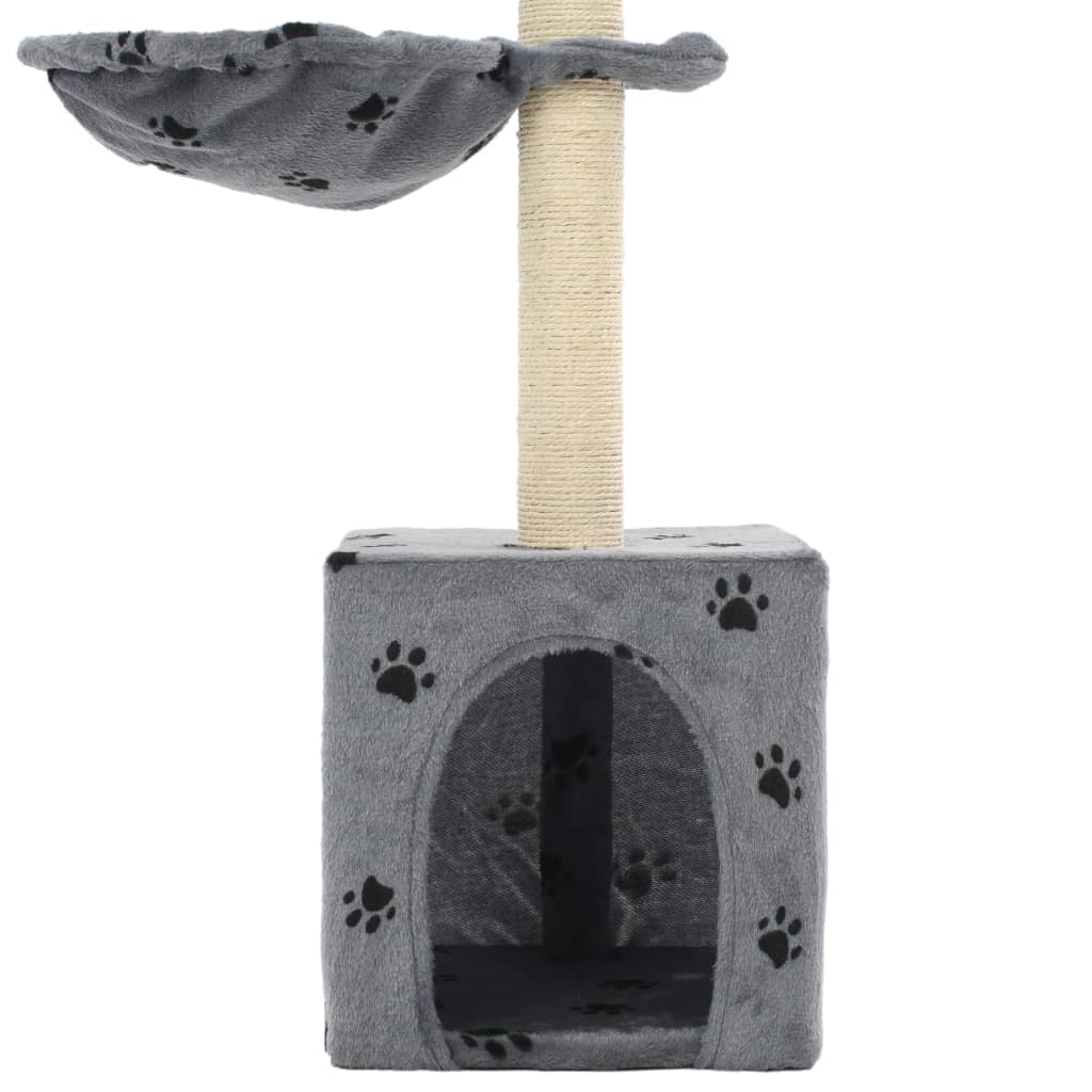 Cat Tree | Grey with Paw Prints | Particle Board, Plush, Sisal Rope