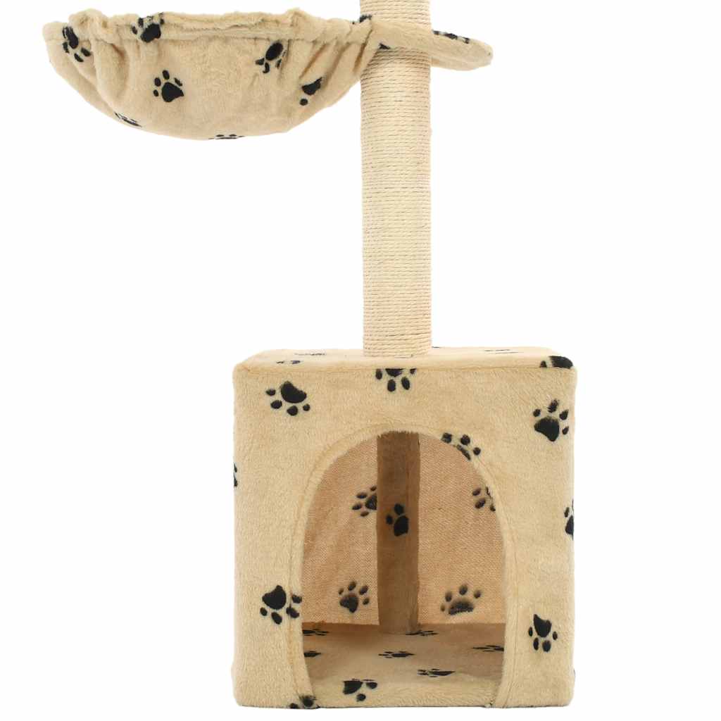 Cat Tree | Beige with paw prints | Soft plush, particle board, sisal rope