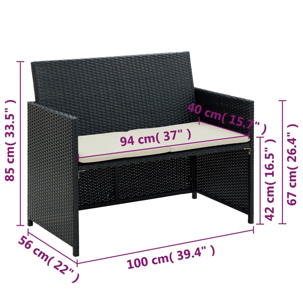 2-seater Sofa Black Poly Rattan, Powder-Coated Steel, Polyester