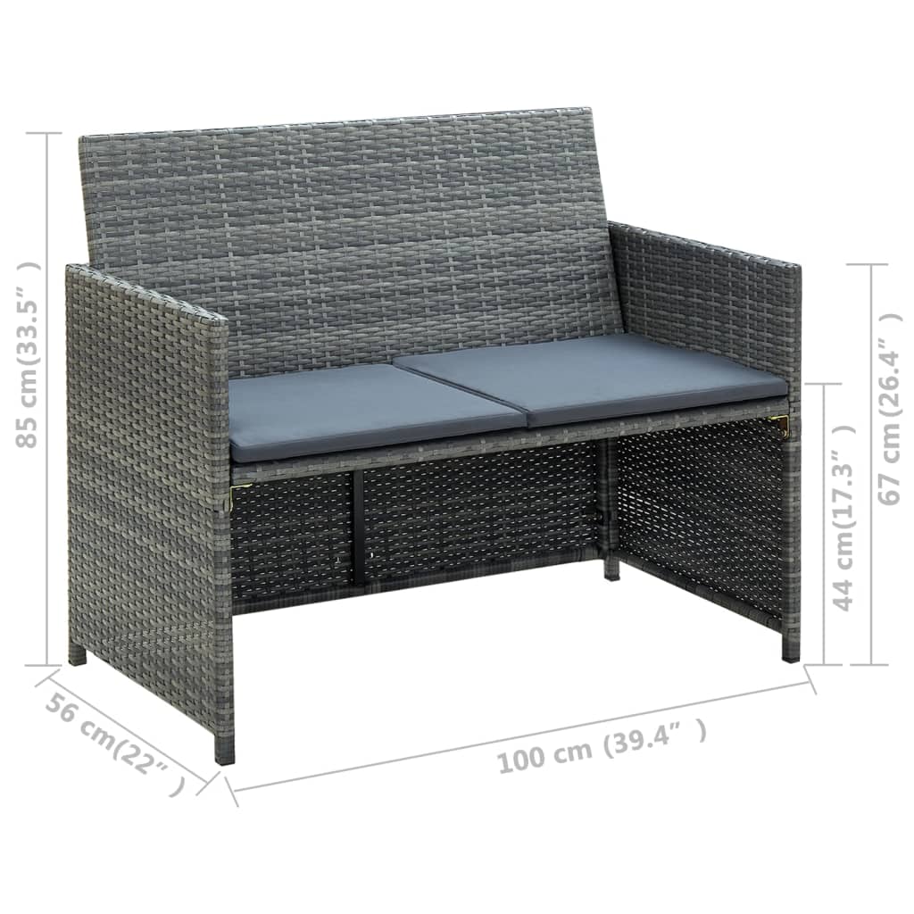 2 Seater Patio Sofa with Cushions Gray Poly Rattan
