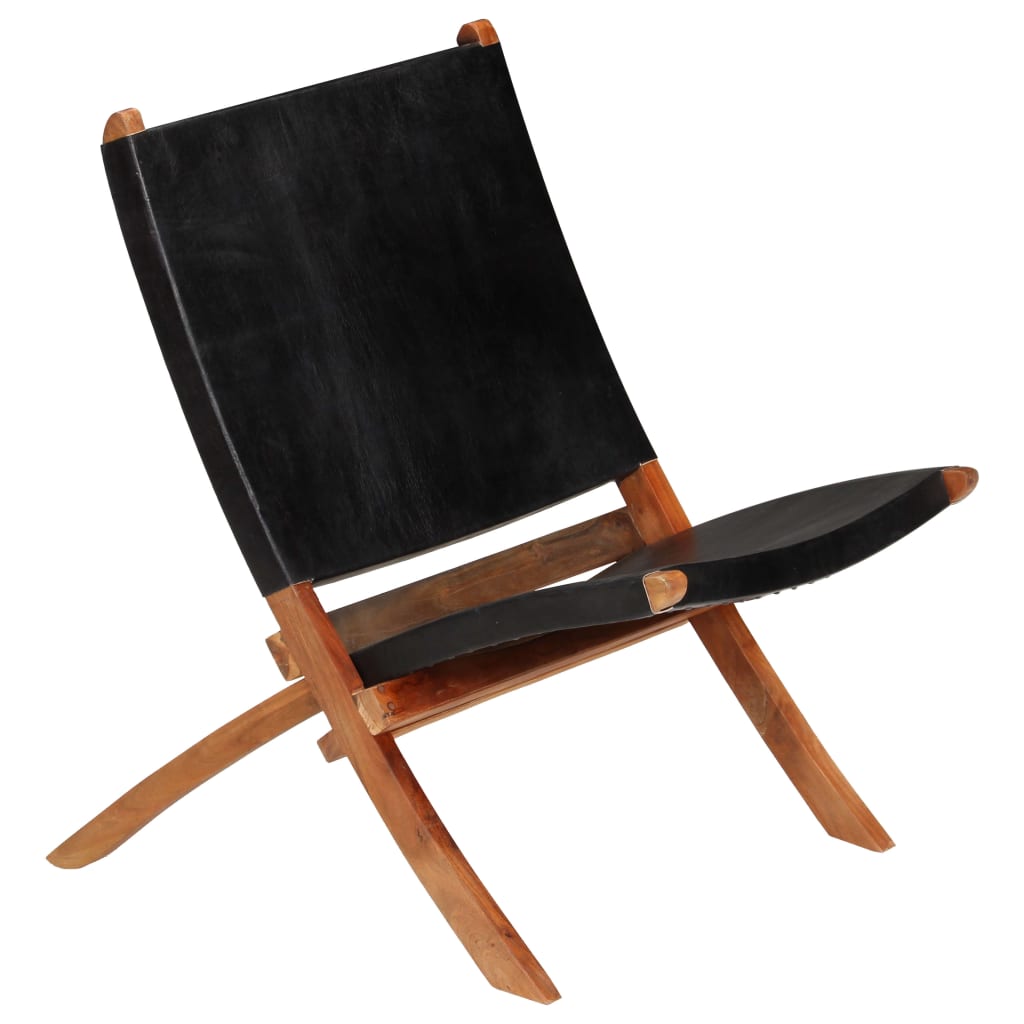 Folding Chair Black Real Leather