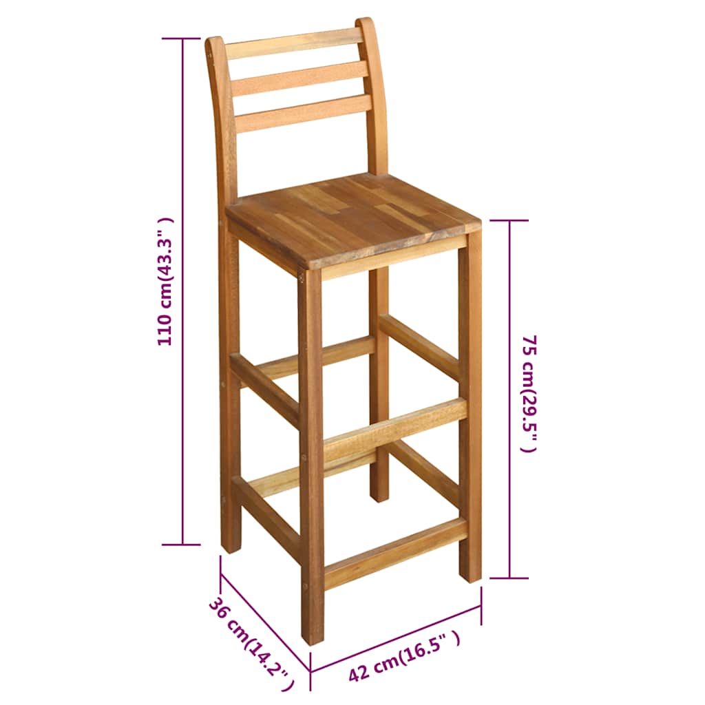 Bar Chair Set of 2 Natural Wood Solid Acacia Wood Large
