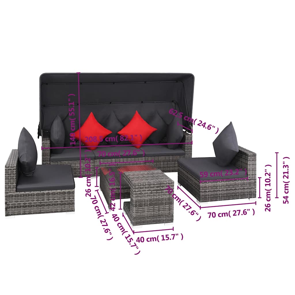 7 Piece Patio Lounge Set with Cushions Poly Rattan Gray