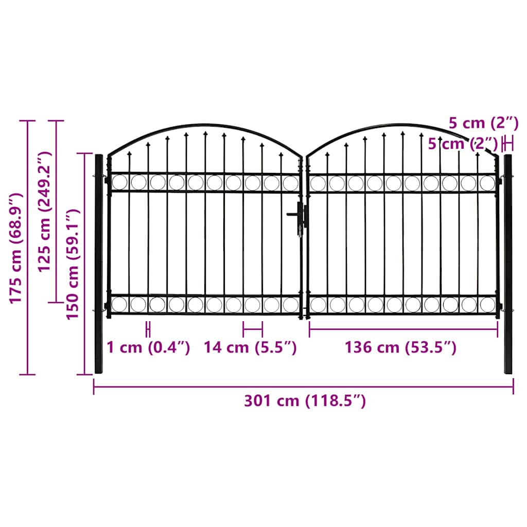 Fence Gate "ASSEN" Double Door with Arched Top Steel 300x125 cm