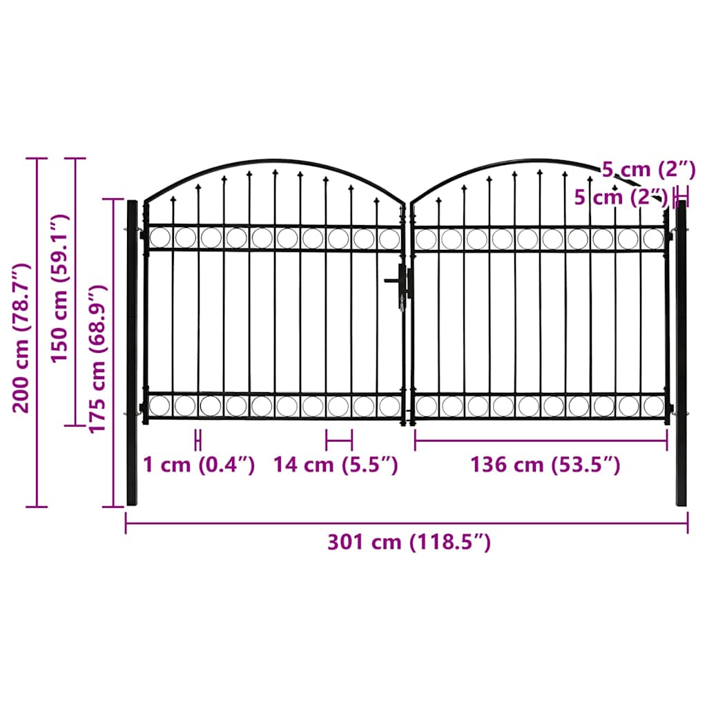 Fence Gate "ASSEN" Double Door with Arched Top Steel 300x150 cm