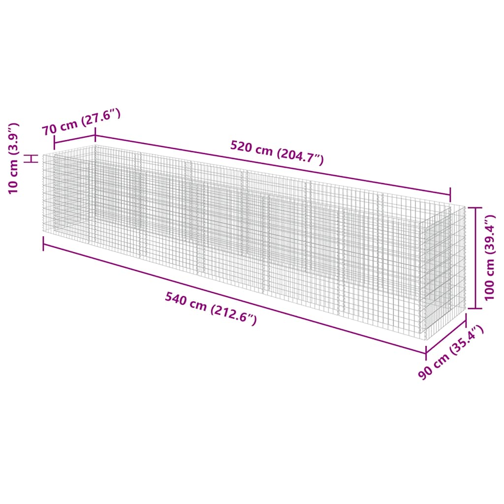 Gabion Raised Bed | Silver | Galvanised steel | 540x90x100 cm