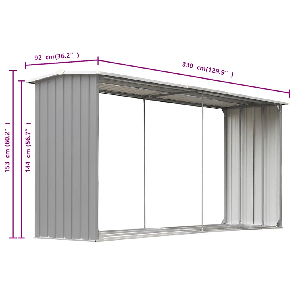 Garden Log Storage Shed Galvanised Steel 330x92x153 cm Grey