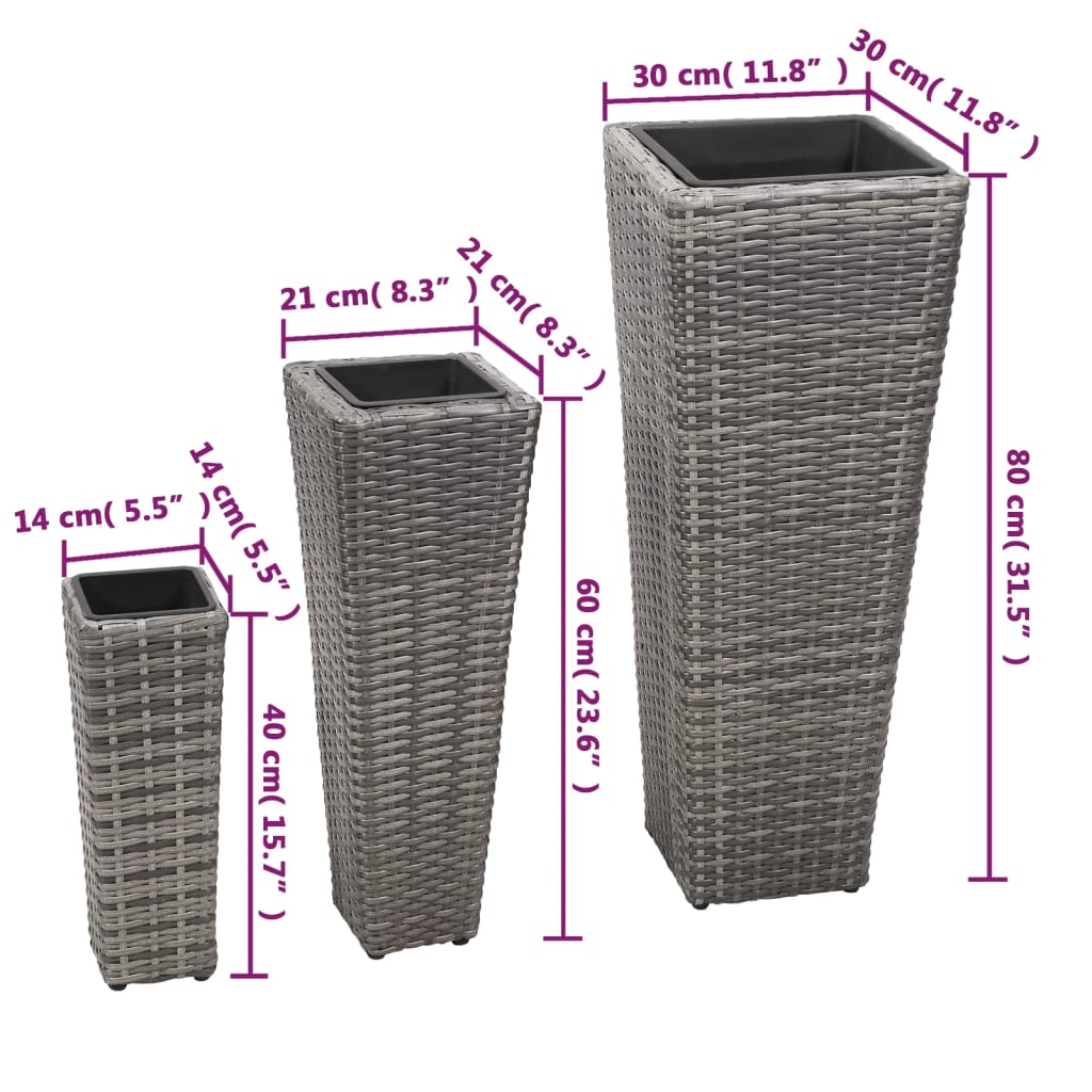 Garden Raised Bed | Set of 3 | Grey | PE (polyethylene) rattan, steel