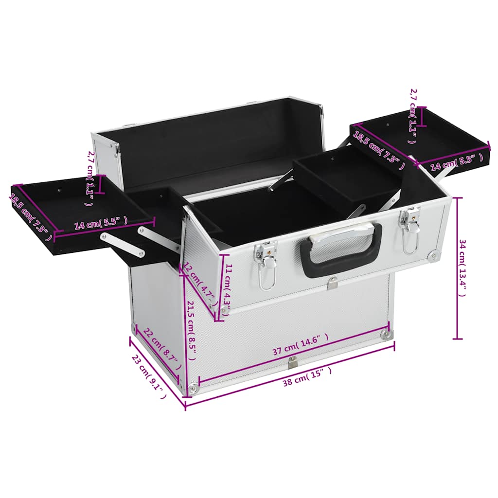 91832 vidaXL Make-up Case 38x23x34 cm Silver Aluminium