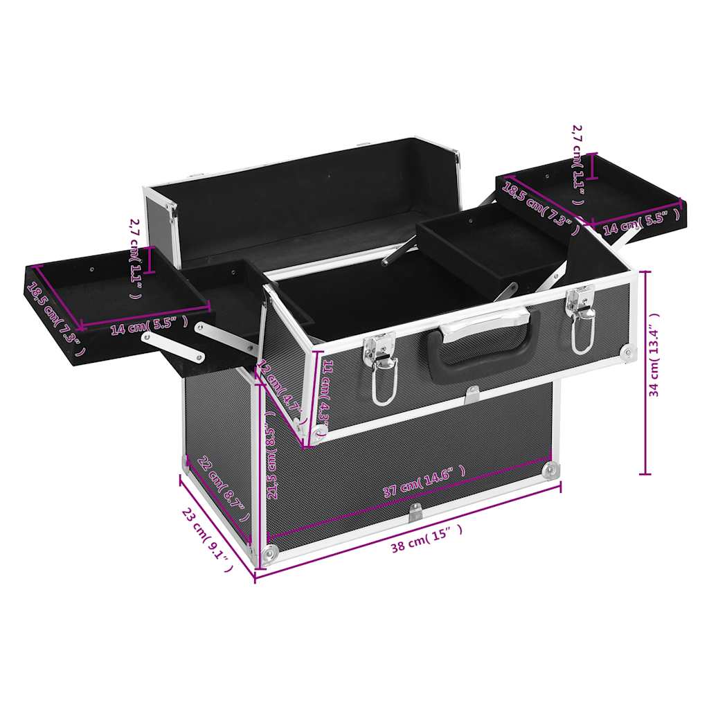 91833 vidaXL Make-up Case 38x23x34 cm Black Aluminium