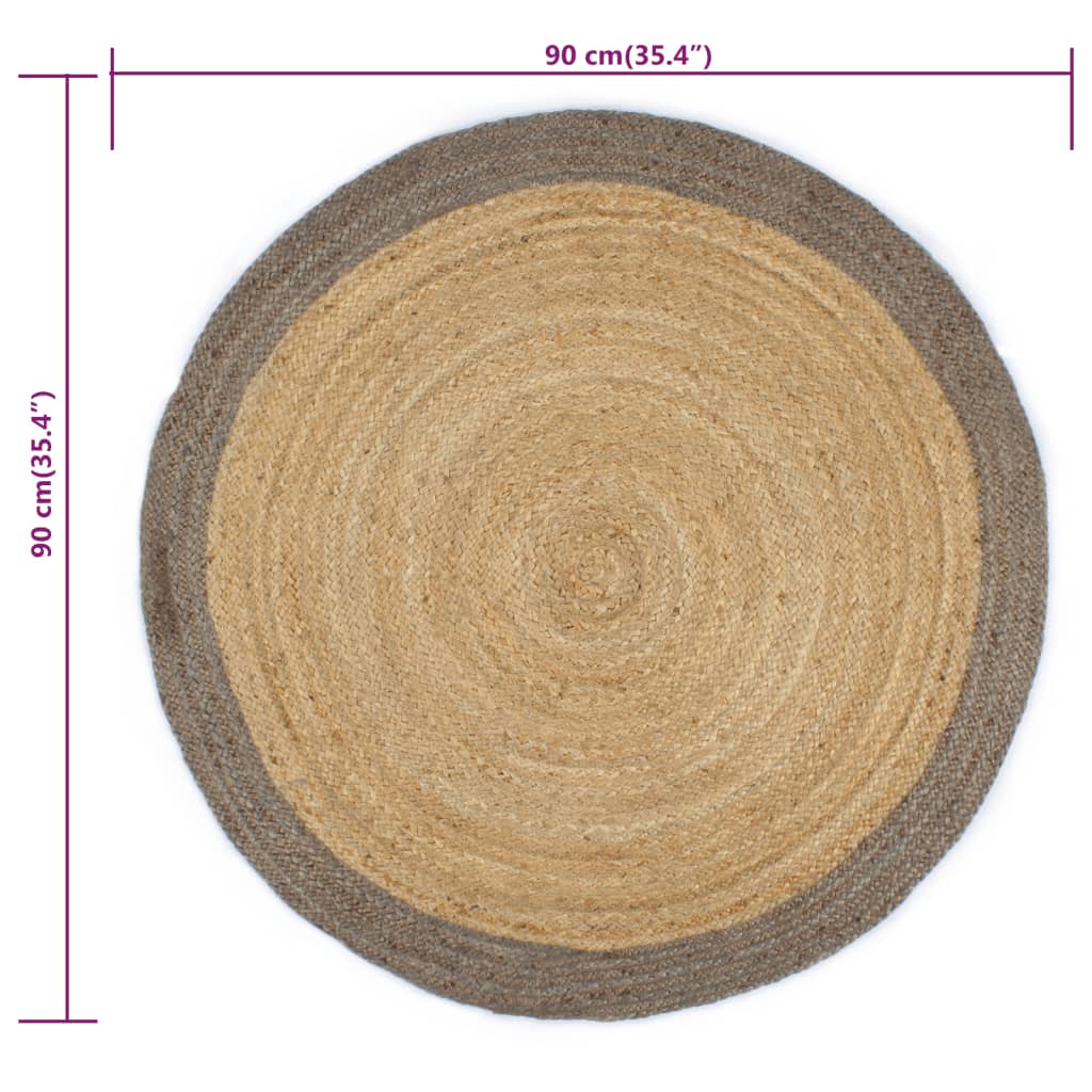 Area Rug | Natural and Grey | Braided Jute | 90 cm | Decorative Inlays