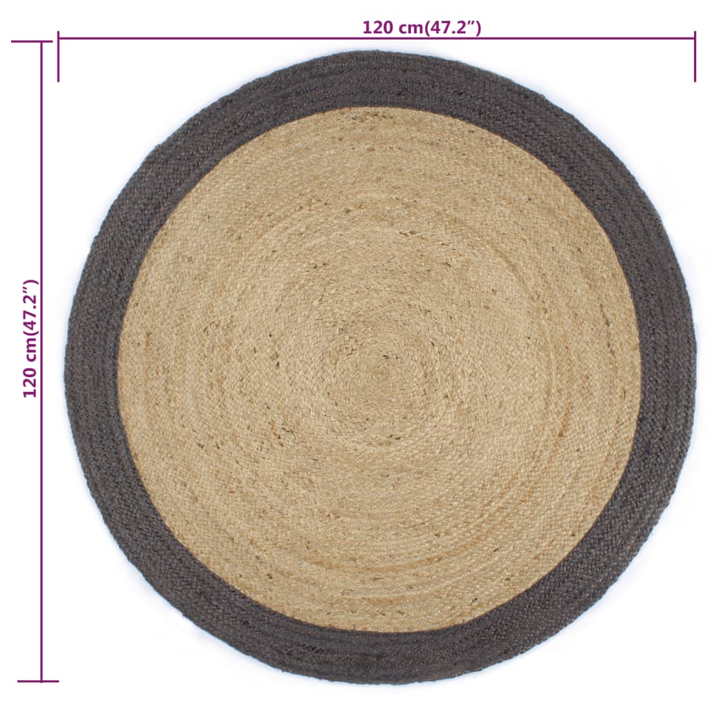Area Rug | Natural, Dark Grey | Braided Jute | 120 cm Diameter