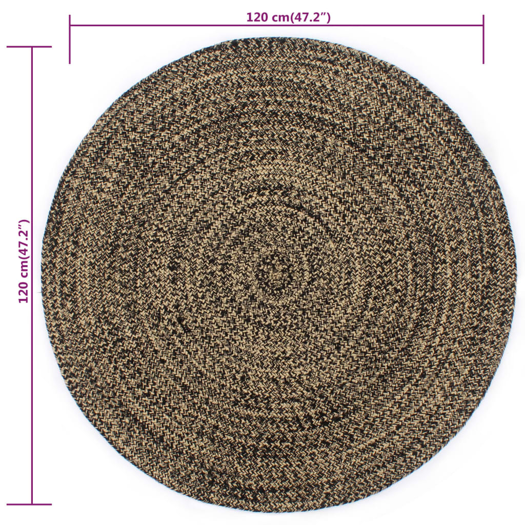 Area Rug | Black and Natural | Jute and Cotton | 120 cm | Durable