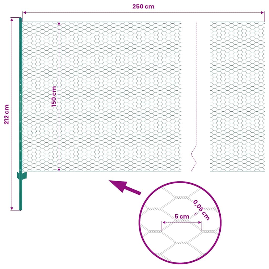 144616 vidaXL Wire Mesh Fence with Posts Steel 25x1,5 m Green