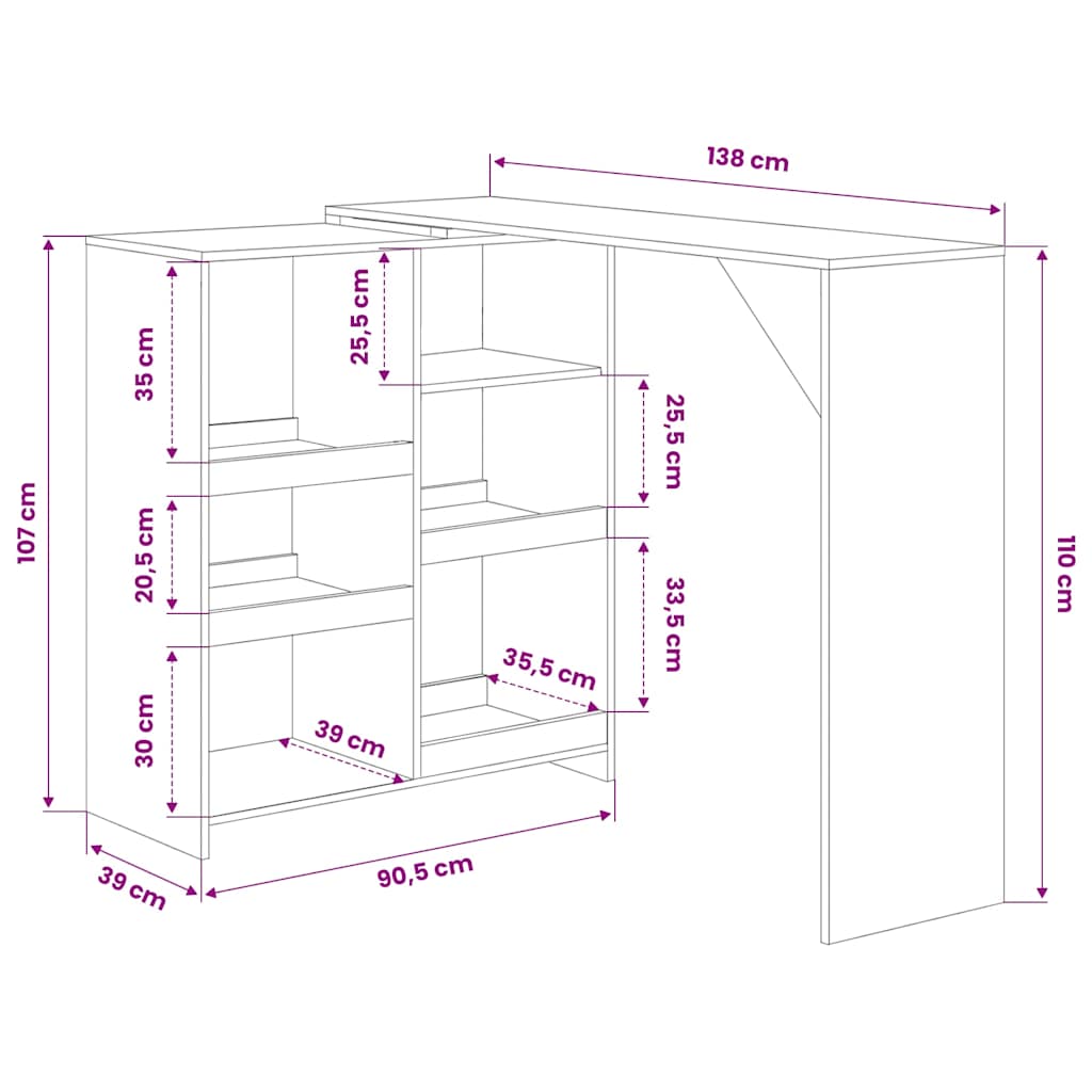 Bar Table with Moveable Shelf White 54.3"x15.4"x43.3