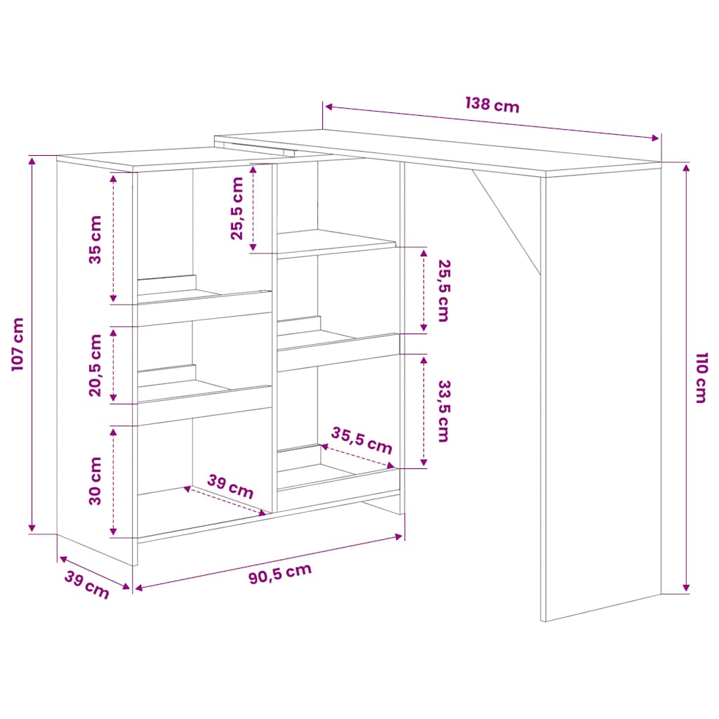Bar Table with Moveable Shelf White 138x39x110 cm