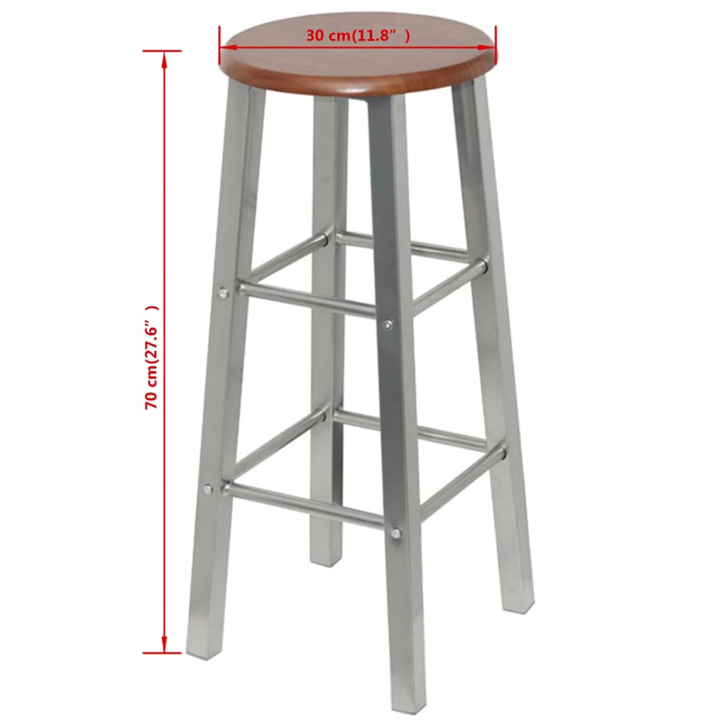 Bar Stool | Set of 2 | Brown and Silver | Steel Frame with MDF Seat