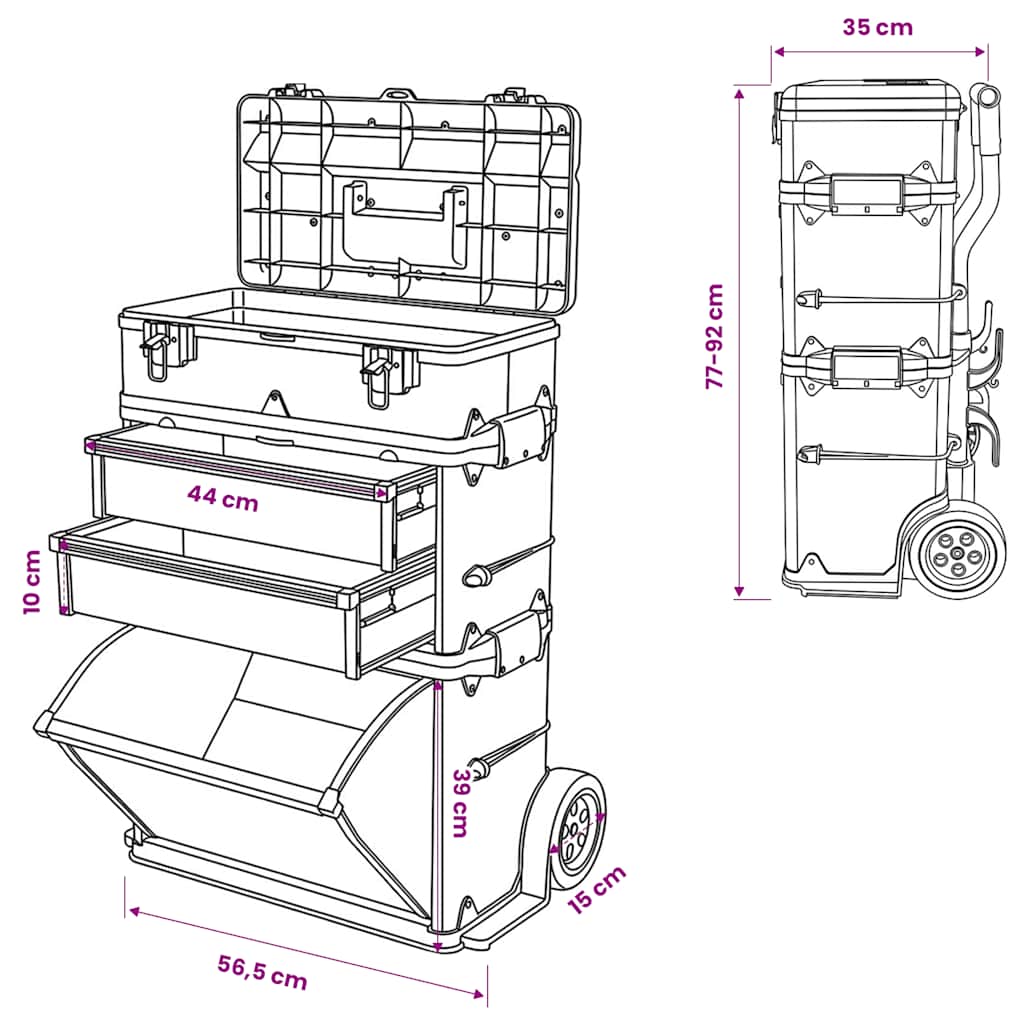 3-Part Rolling Tool Box with 2 Wheels