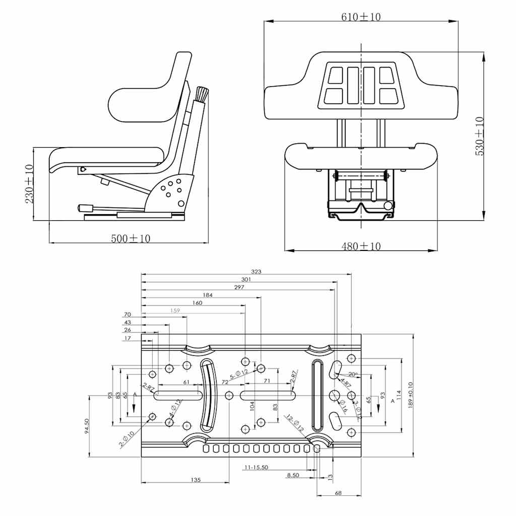 Tractor Seat | Black | Steel | Standard | Height-Adjustable