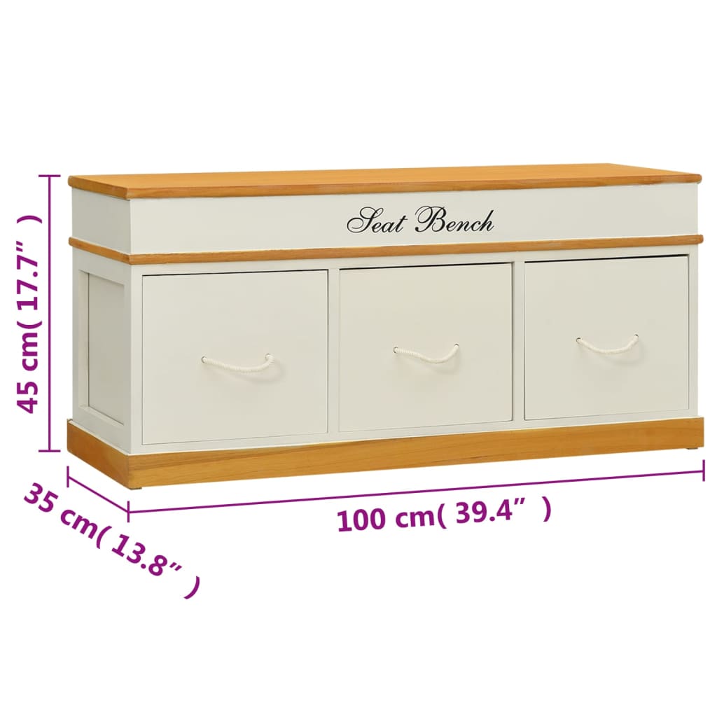 Storage Bench | White and Light Wood | Solid Paulownia Wood | 100 cm