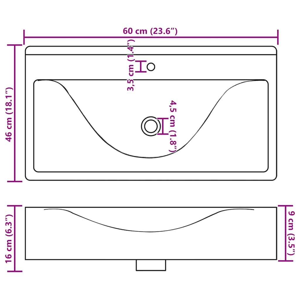 Rectangular Ceramic Basin Sink White with Faucet Hole 60x46 cm