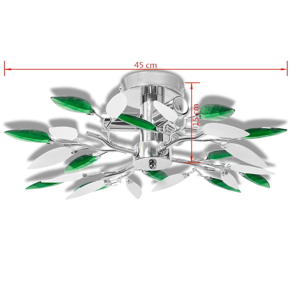 240982 Ceiling Lamp with White & Green Acrylic Crystal Leaf Arms for 3 E14 Bulbs