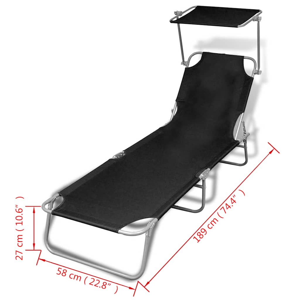 41197 vidaXL Folding Sun Lounger with Canopy Steel and Fabric Black