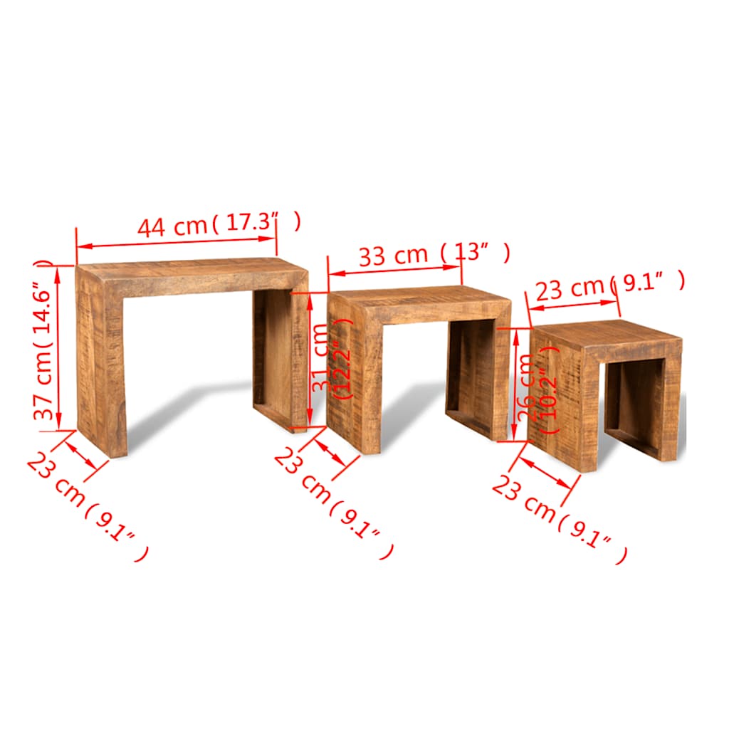 Side Table | Set of 3 | Brown | Solid mango wood | Small | Stackable