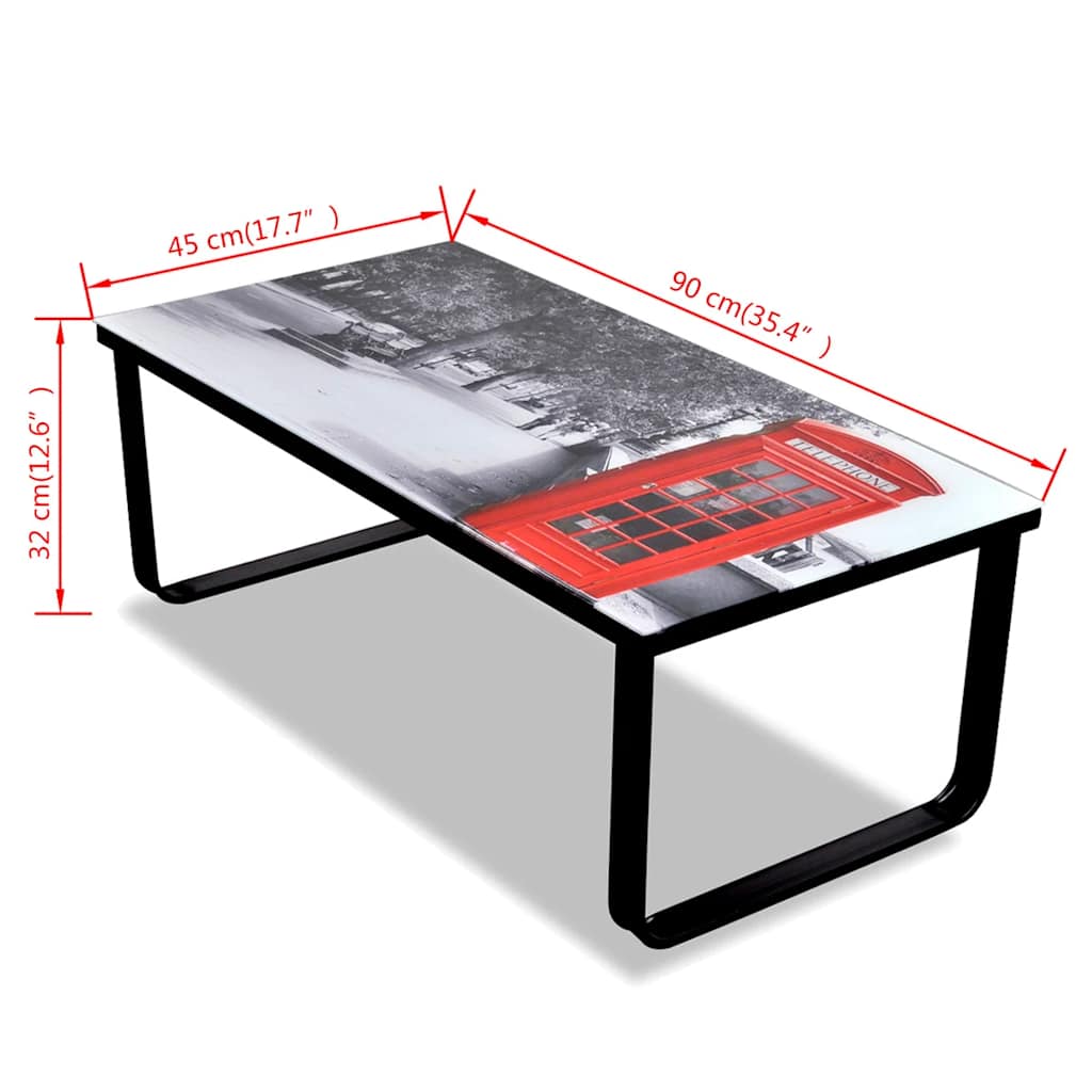 Coffee Table | Black with Telephone Booth Print | Tempered Glass, Iron