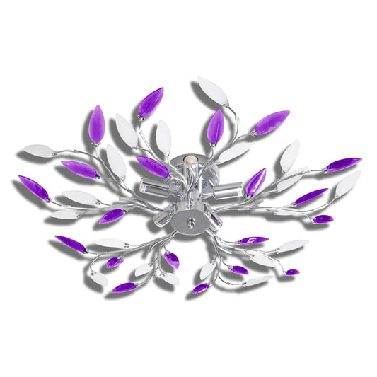 241477 Purple & White Ceiling Lamp with Acrylic Crystal Leaf Arms for 5 E14 Bulbs
