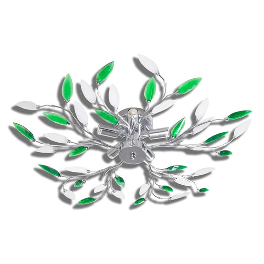 241478 Green & White Ceiling Lamp with Acrylic Crystal Leaf Arms for 5 E14 Bulbs