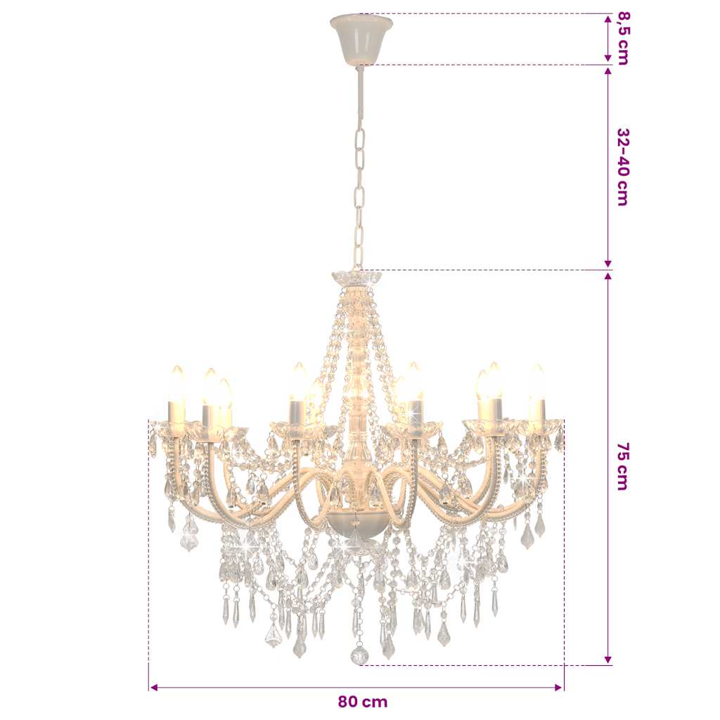Chandelier with Beads White 12 x E14 Bulbs