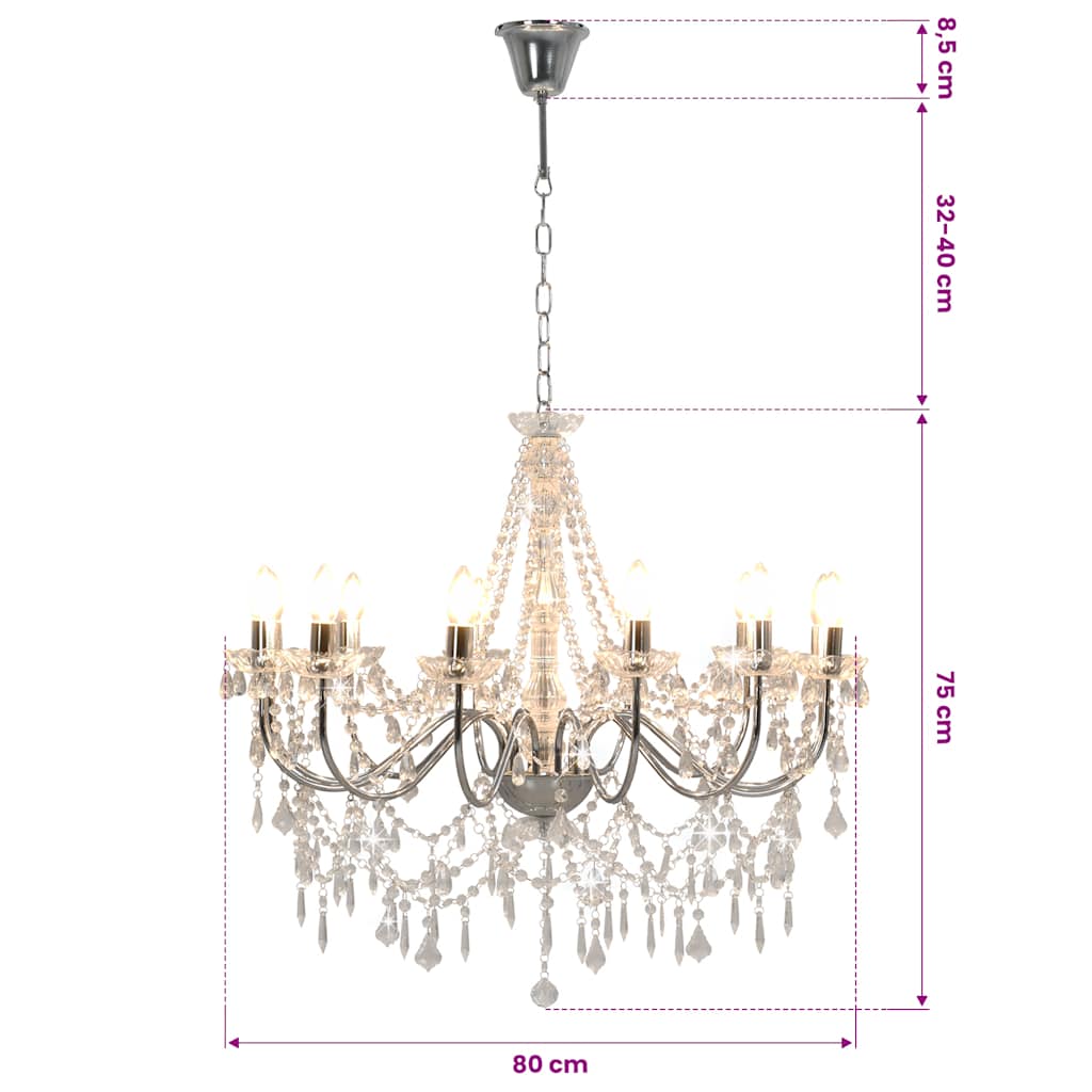 Chandelier with Beads Silver 12 x E14 Bulbs