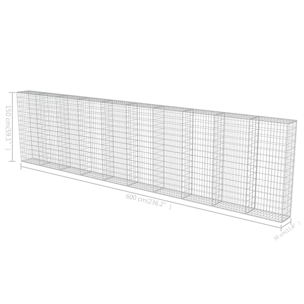 143585 vidaXL Gabion Wall with Covers Galvanised Steel 600x30x150 cm