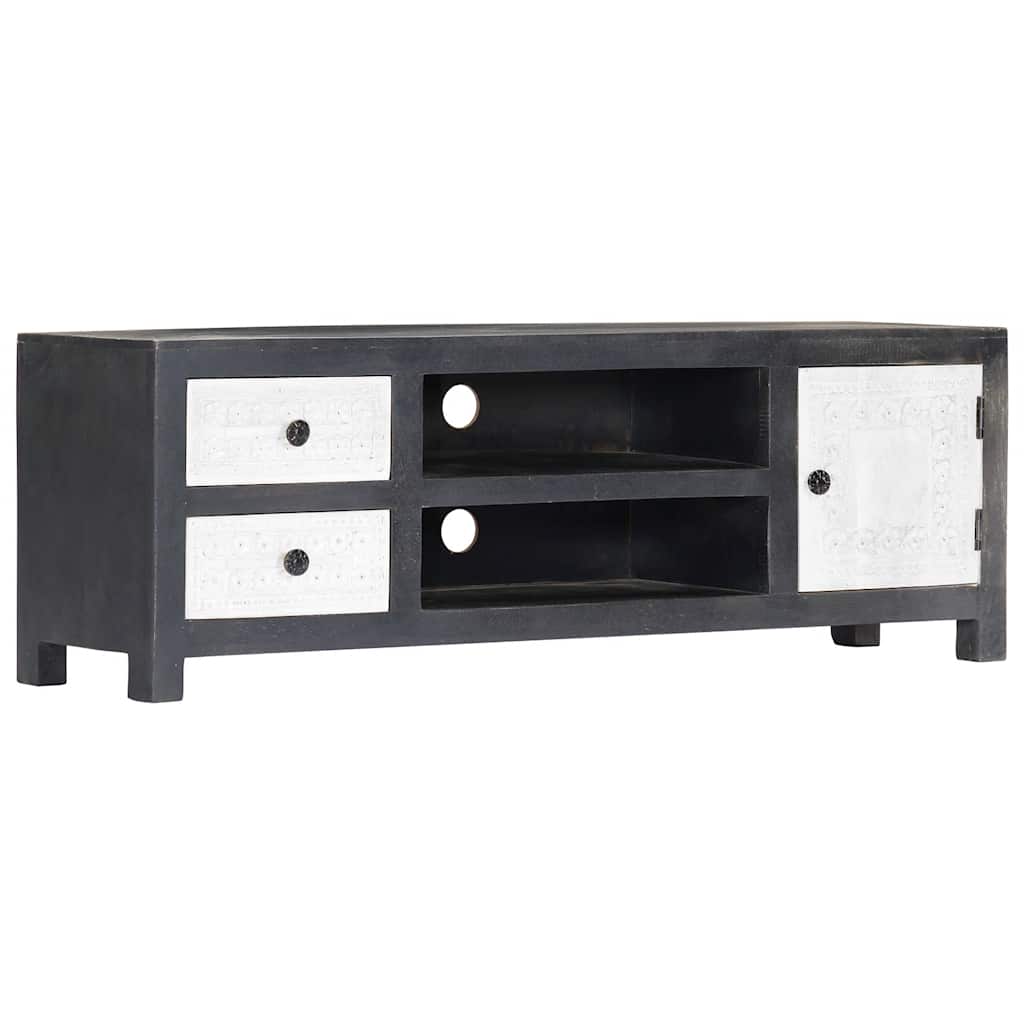 282723 vidaXL Hand Carved TV Cabinet Grey&White 120x30x40 cm Solid Wood Mango
