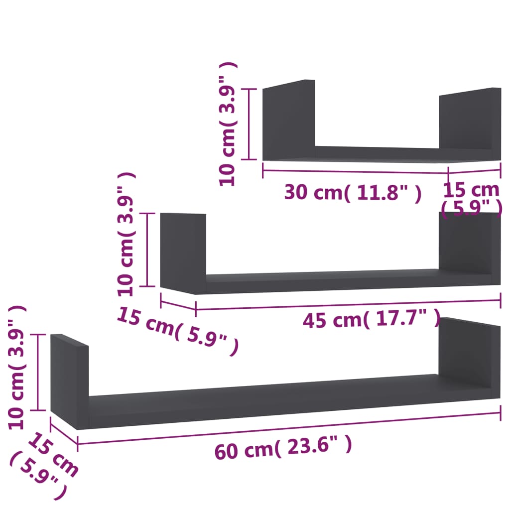 vidaXL Shelf Set of 3 Gray Engineered wood Various sizes up to 23.6 in