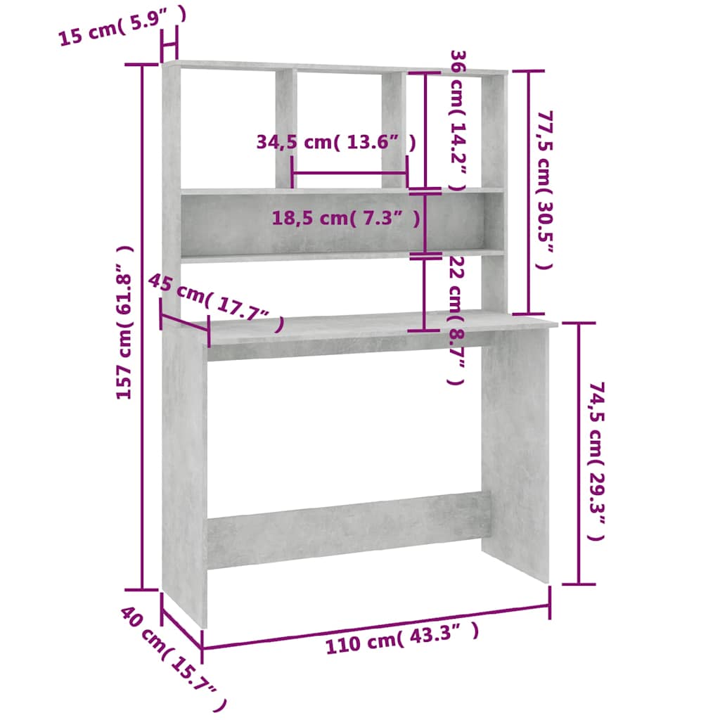 Desk with Shelves Concrete Gray 43.3"x17.7"x61.8" Engineered Wood